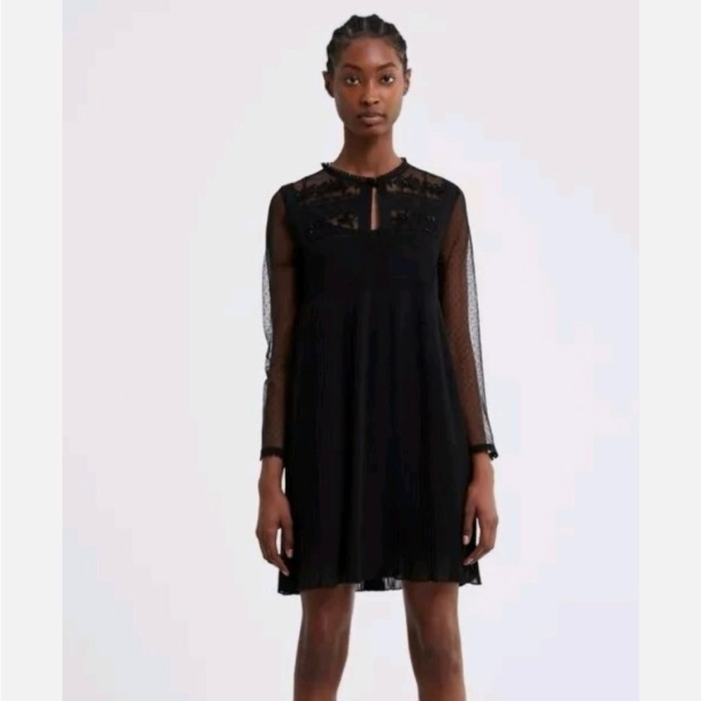 Zara Black Mesh Floral Lace Embellished Sequins Tulle Long Sleeve Dress